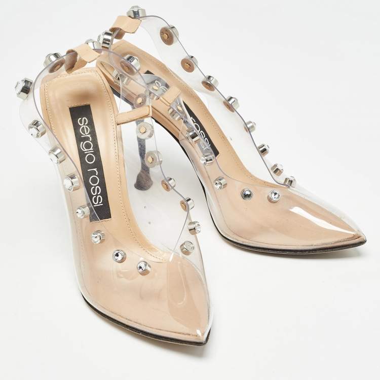 Pre Owned Sergio Rossi Beige/Transparent  PVC Crystal Embellished Slingback Pumps Size 38.5