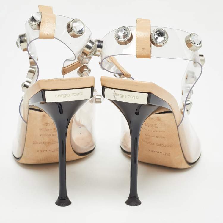Pre Owned Sergio Rossi Beige/Transparent  PVC Crystal Embellished Slingback Pumps Size 38.5