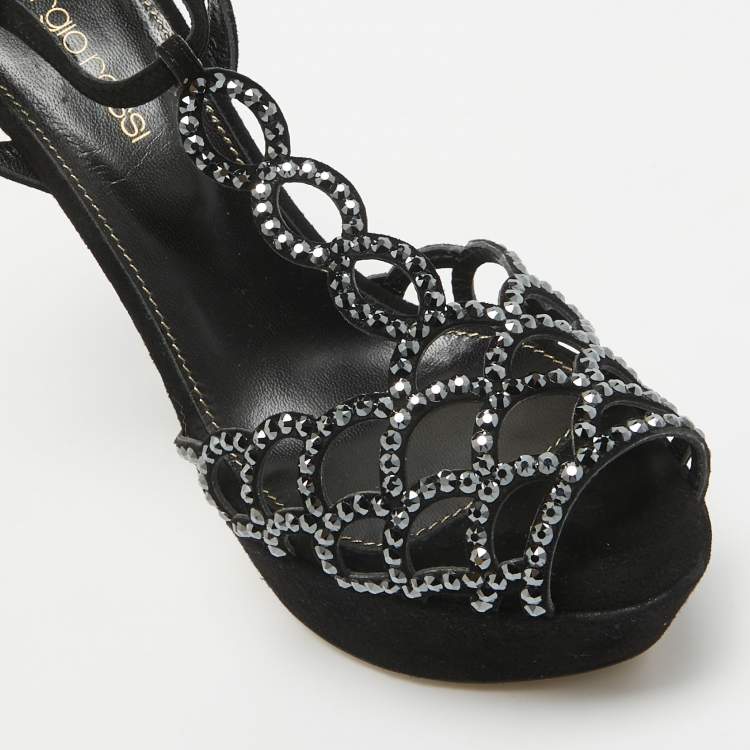 Pre Owned Sergio Rossi Black Suede Crystal Embellished Platform Ankle Strap Sandals Size 35.5