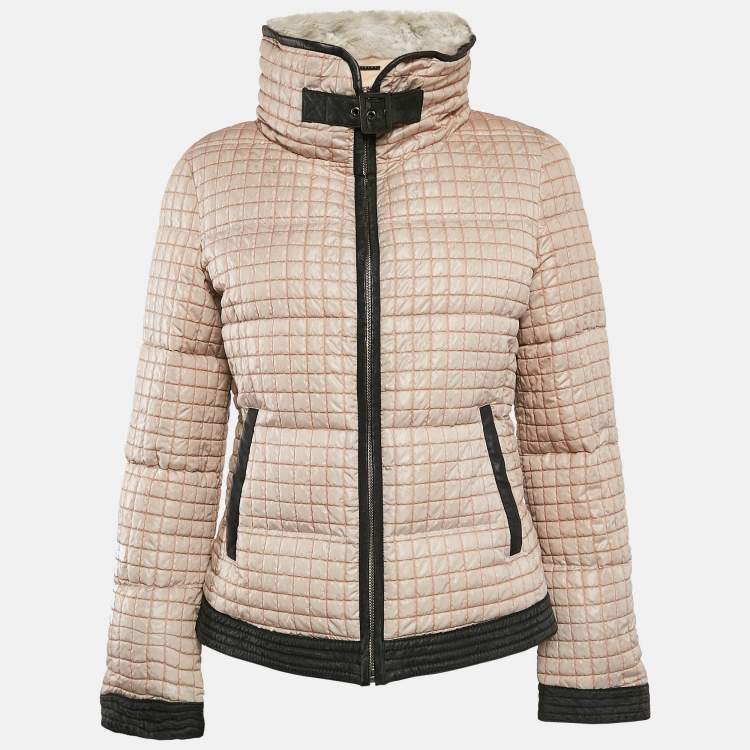 Pre Owned Sisley Beige Crepe Fur Collar Detail Quilted Puffer Jacket M