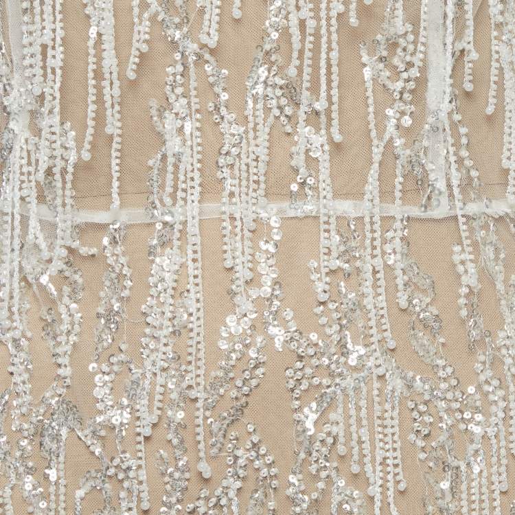 Pre Owned Sketch-Y White Beaded Halter High Slit Holly Dress S