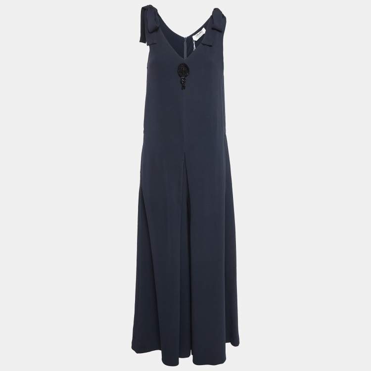 Pre Owned S'Max Mara Navy Crepe Shoulder Tie-Up Jumpsuit M