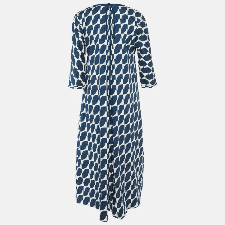مملوكة مسبقًا S'Max Mara Navy Blue Geometric Print Cotton Pleated Long Dress M