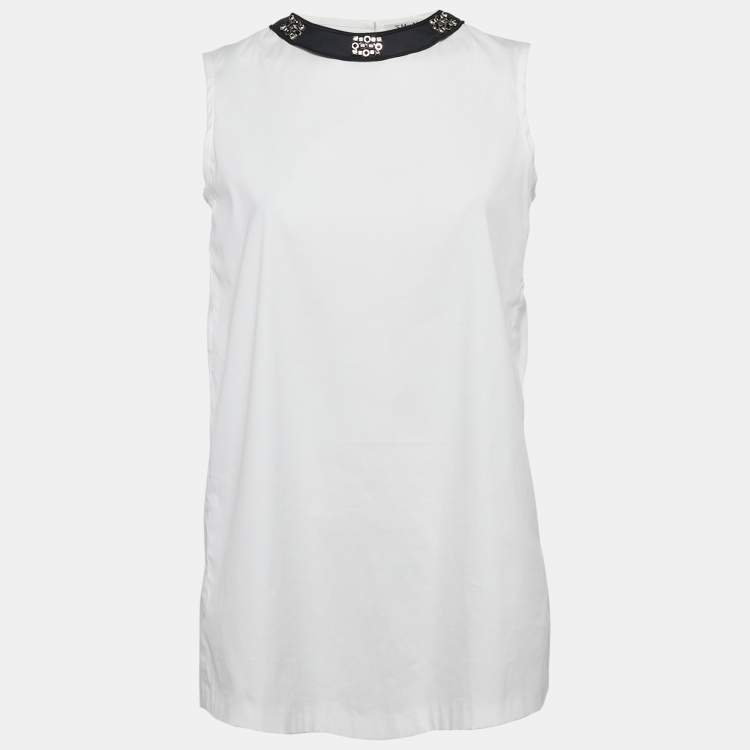 Pre Owned S'Max Mara White Cotton Embellished Neck Sleeveless Top S