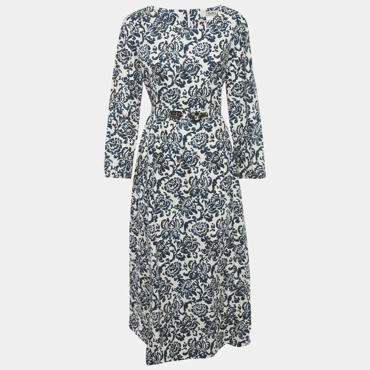 Pre Owned S'Max Mara Blue Printed Cotton Belted Long Dress XL