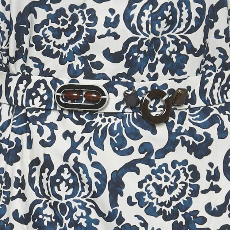 Pre Owned S'Max Mara Blue Printed Cotton Belted Long Dress XL