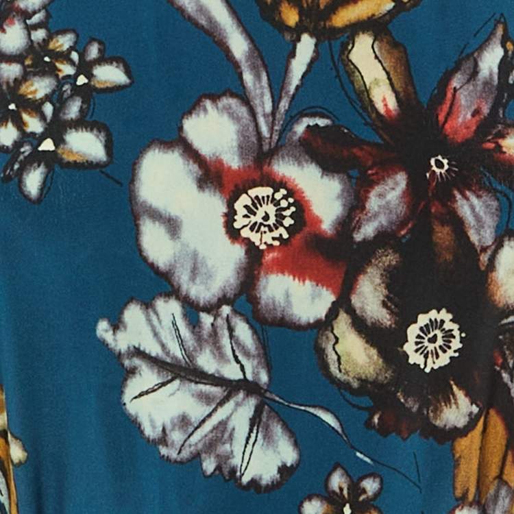 Pre Owned S' Max Mara Teal Blue Floral Print Silk Midi Dress L