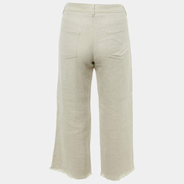 Pre Owned S'Max Mara Beige Textured Linen Frayed Hem Trousers M