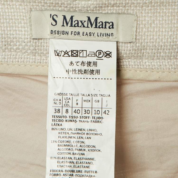 Pre Owned S'Max Mara Beige Textured Linen Frayed Hem Trousers M