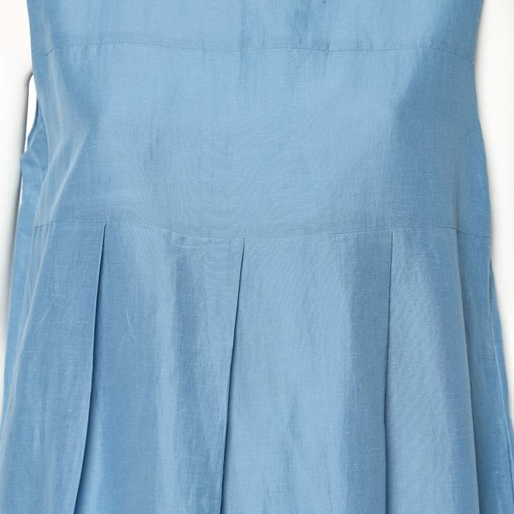 مملوكة مسبقًا 'S Max Mara Blue Cotton Pleated Detail Sleeveless Tulia Maxi Dress L