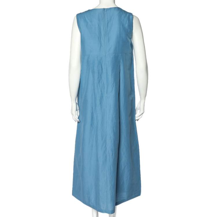 مملوكة مسبقًا 'S Max Mara Blue Cotton Pleated Detail Sleeveless Tulia Maxi Dress L