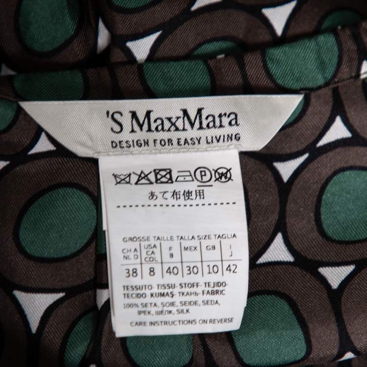 Pre Owned S'Max Mara Green & Brown Printed Silk Button Front Belted Dress M