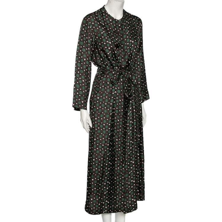 Pre Owned S'Max Mara Green & Brown Printed Silk Button Front Belted Dress M
