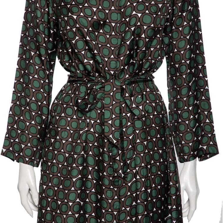 Pre Owned S'Max Mara Green & Brown Printed Silk Button Front Belted Dress M
