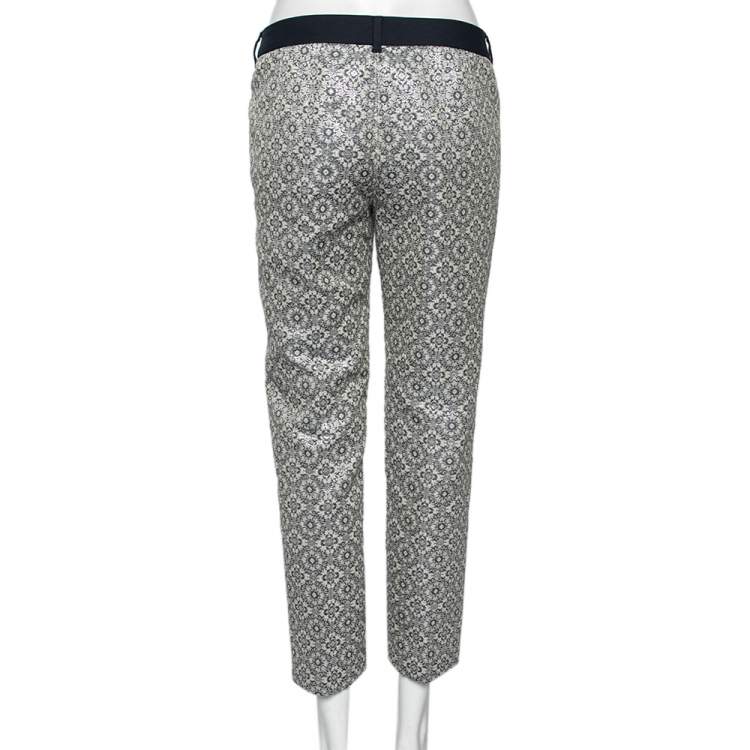 Pre Owned 'S Max Mara Silver Floral Patterned Brocade Tapered Leg Trousers M