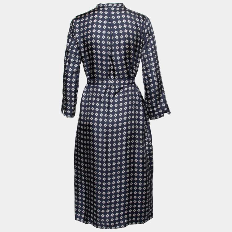مملوكة مسبقًا S'Max Mara Navy Blue Printed Silk Farea Belted Shirt Dress S