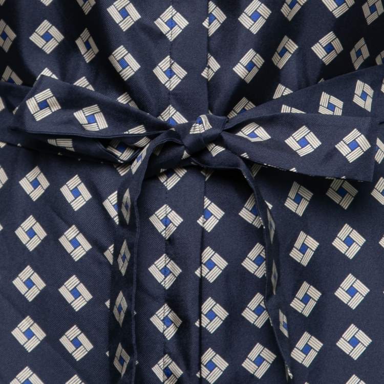 مملوكة مسبقًا S'Max Mara Navy Blue Printed Silk Farea Belted Shirt Dress S