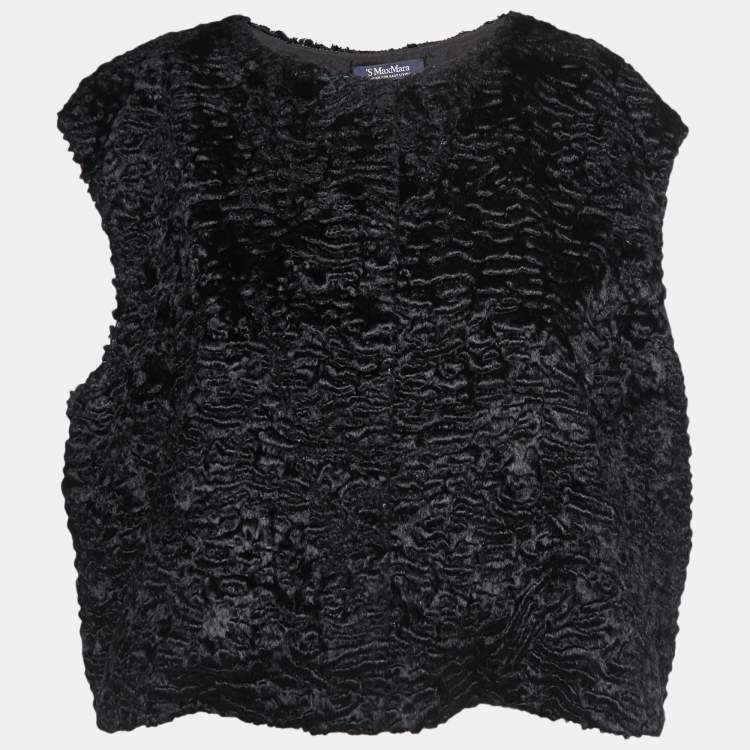 Pre Owned S'Max Mara Black Faux Fur Sleeveless Button Front Jacket XL
