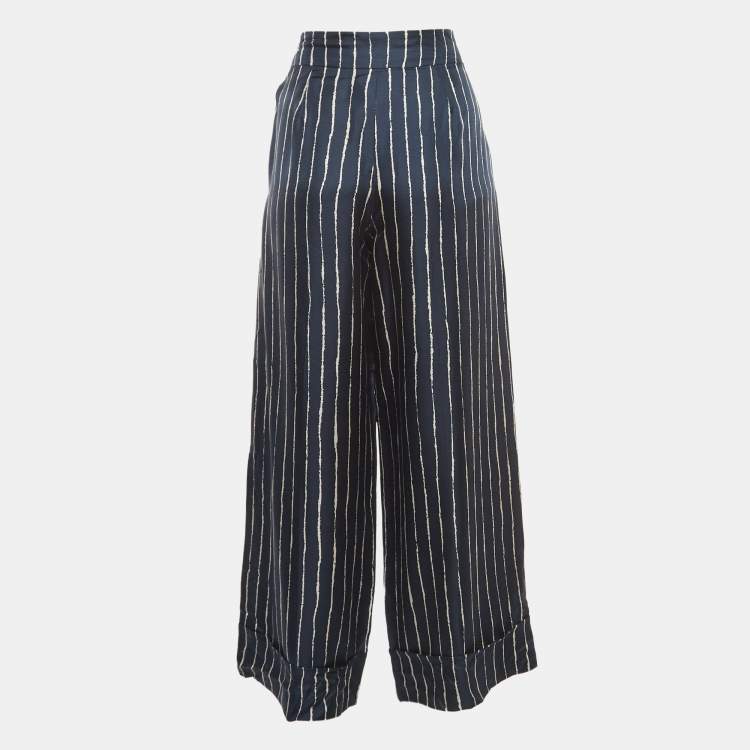 مملوكة مسبقًا S'Max Mara Navy Blue Striped Silk Wide Leg Trousers S