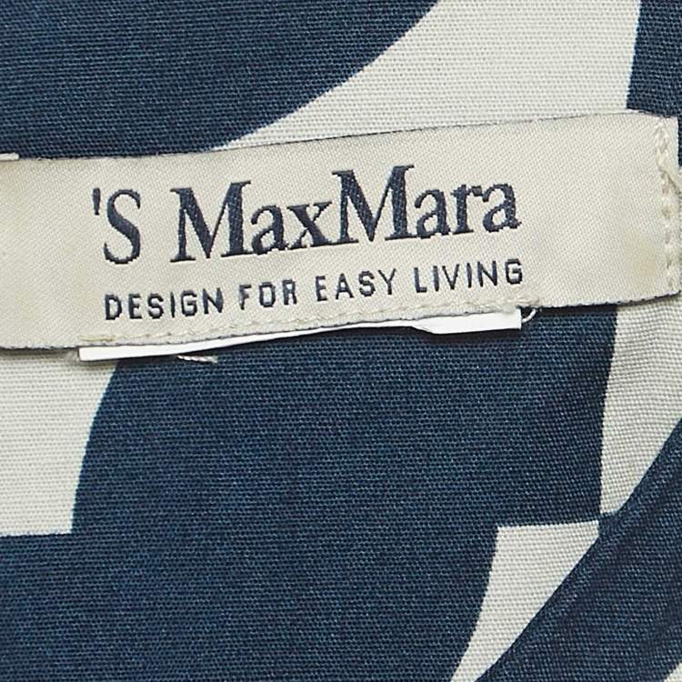 Pre Owned S'Max Mara Blue Geometric Print Cotton Pleated Midi Dress M