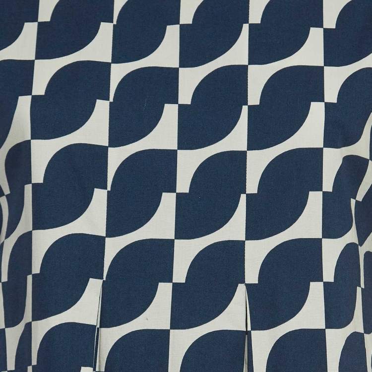 Pre Owned S'Max Mara Blue Geometric Print Cotton Pleated Midi Dress M