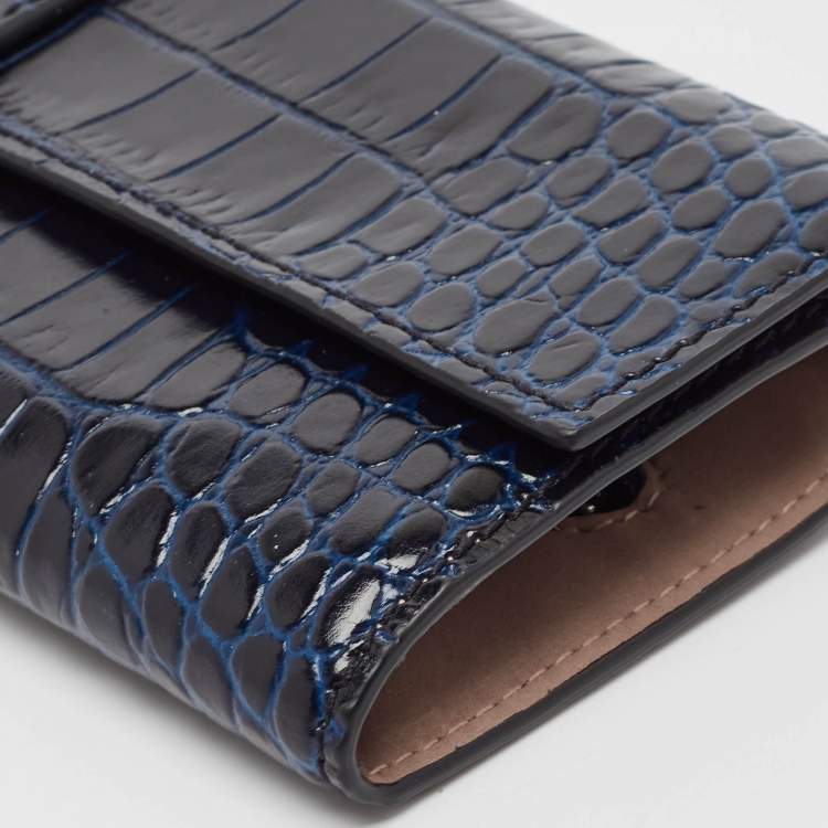 Pre Owned Smythson Mara Navy Blue Croc Embossed Leather Jewelry Roll
