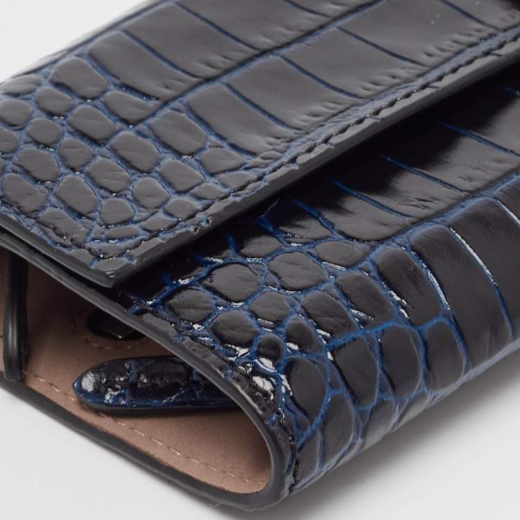 Pre Owned Smythson Mara Navy Blue Croc Embossed Leather Jewelry Roll