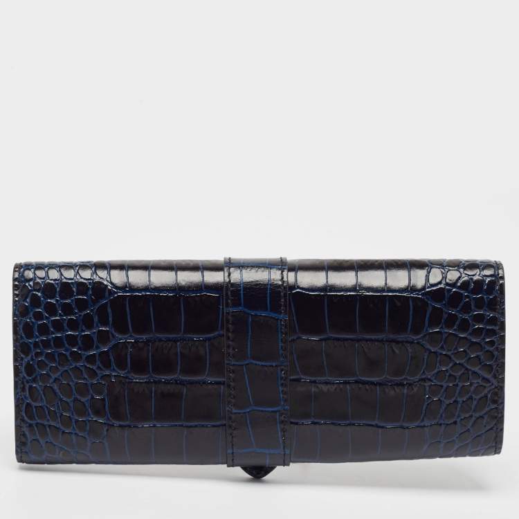 Pre Owned Smythson Mara Navy Blue Croc Embossed Leather Jewelry Roll