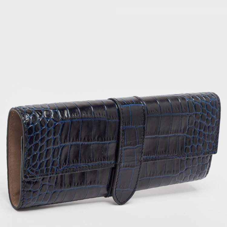 Pre Owned Smythson Mara Navy Blue Croc Embossed Leather Jewelry Roll
