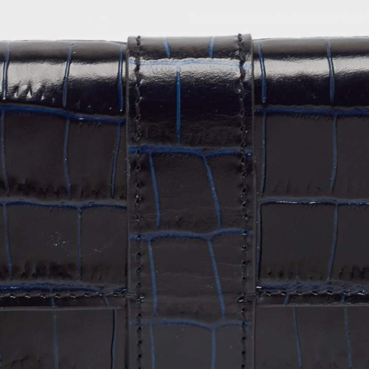 Pre Owned Smythson Mara Navy Blue Croc Embossed Leather Jewelry Roll