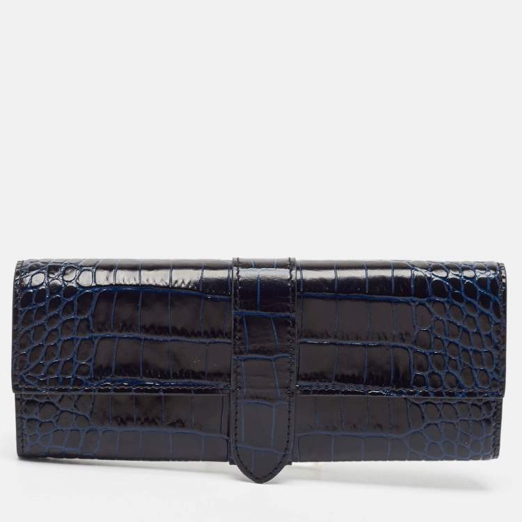 Pre Owned Smythson Mara Navy Blue Croc Embossed Leather Jewelry Roll