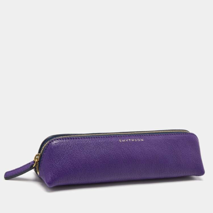 Pre Owned Smythson Purple Leather Panama Pencil Case
