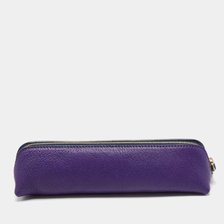 Pre Owned Smythson Purple Leather Panama Pencil Case