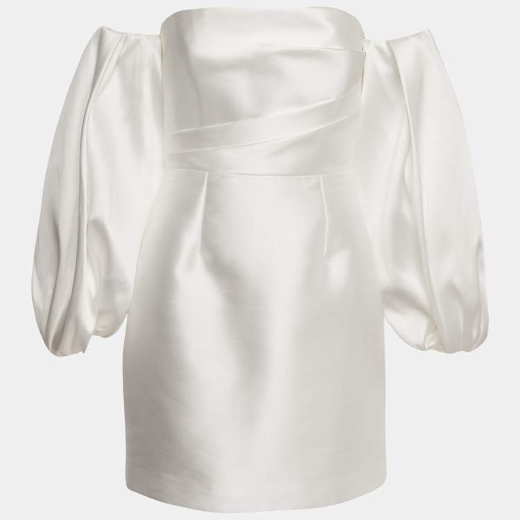 Pre Owned Solace London White Satin Off-Shoulder Puff Sleeve Bella Mini Dress M