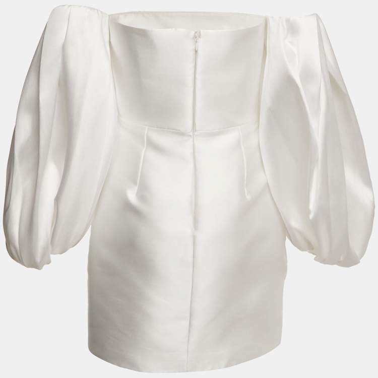 Pre Owned Solace London White Satin Off-Shoulder Puff Sleeve Bella Mini Dress M