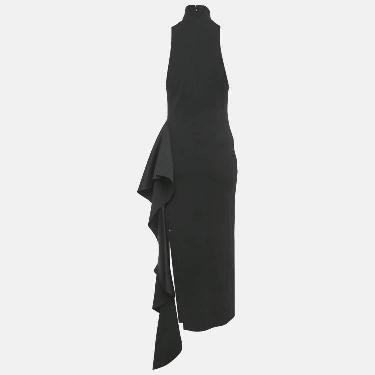 Pre Owned Solace London Black Stretch Crepe and Satin Ruffled Lara Dress M