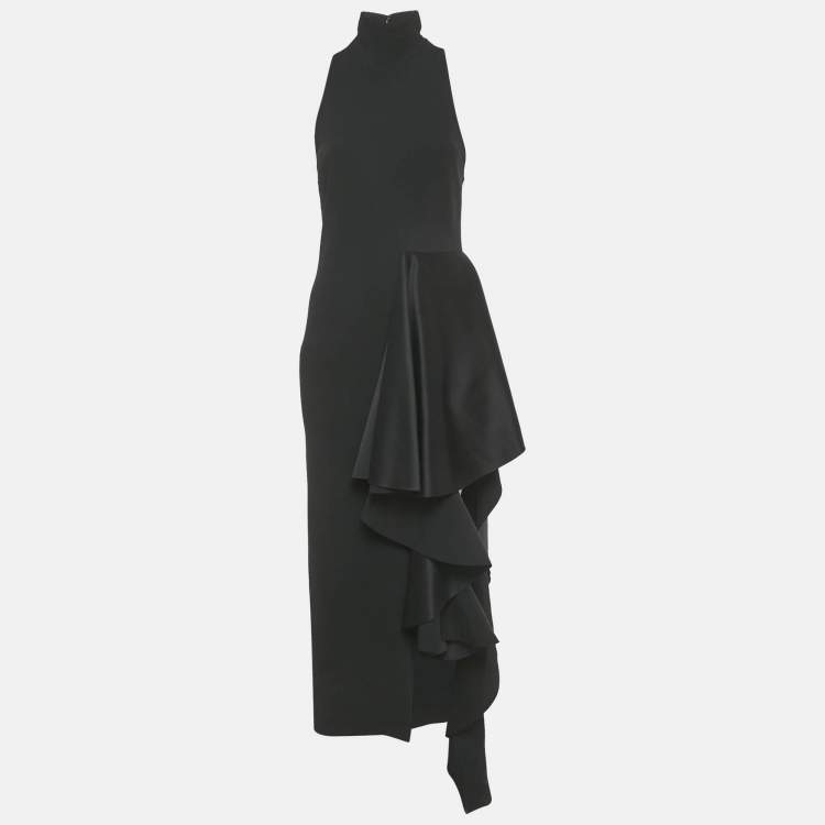 Pre Owned Solace London Black Stretch Crepe and Satin Ruffled Lara Dress M
