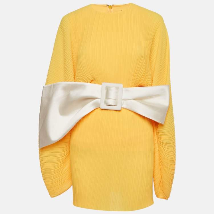 Pre Owned Solace London Yellow Plisse Bow Belted Tanzy Short Dress S