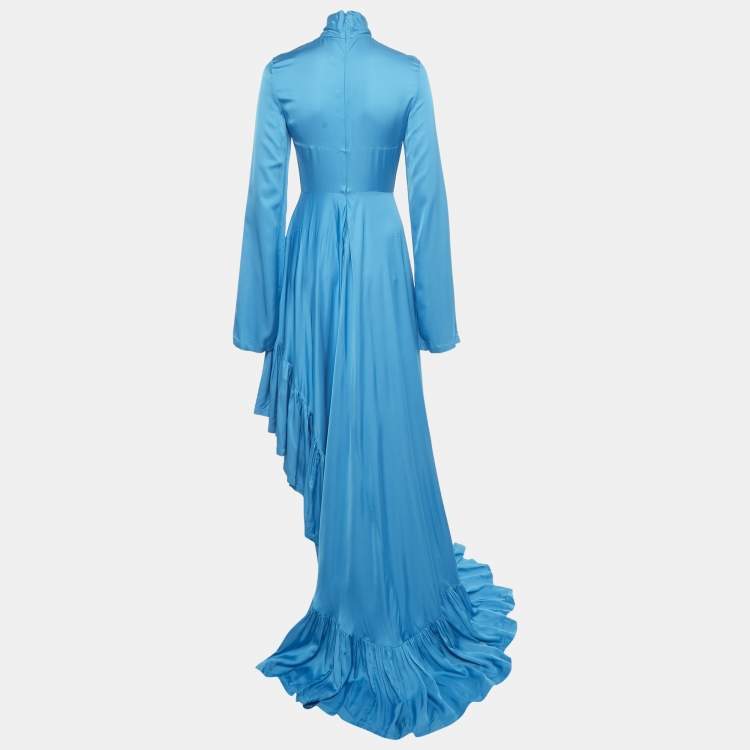 Pre Owned Solace London Blue Satin Asymmetrical Marlee Maxi Dress S 