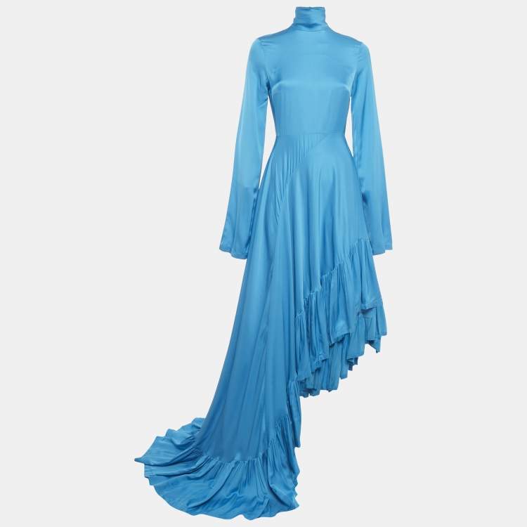 Pre Owned Solace London Blue Satin Asymmetrical Marlee Maxi Dress S 
