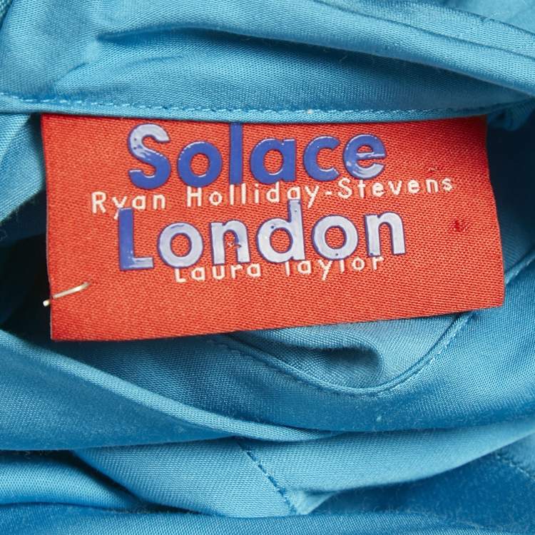 Pre Owned Solace London Blue Satin Asymmetrical Marlee Maxi Dress S 