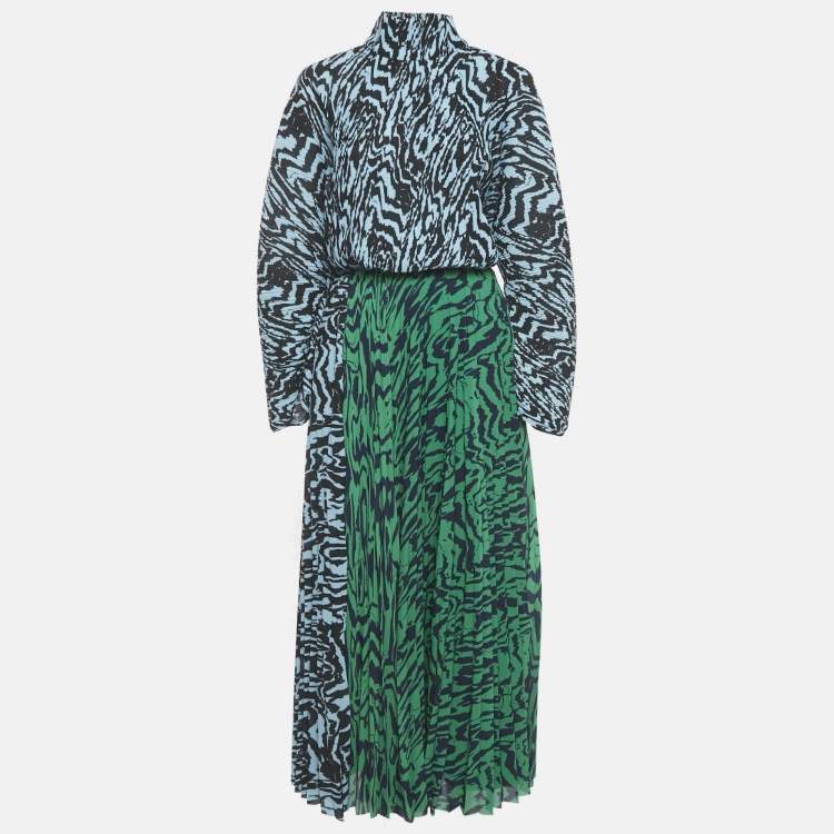 Pre Owned Solace London Blue/Green Printed Plisse Top and Skirt Set S/M