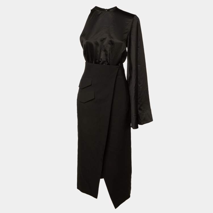 Pre Owned Solace London Black Satin & Crepe Marceo Midi Dress S