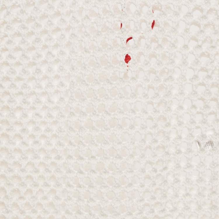 Pre Owned Solid & Striped White Crochet Sheer Cover-Up Dress S