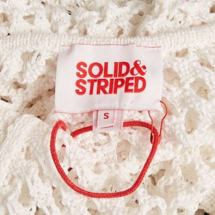 Pre Owned Solid & Striped White Crochet Sheer Cover-Up Dress S