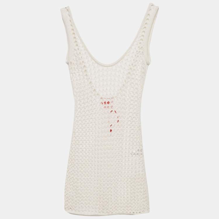 Pre Owned Solid & Striped White Crochet Sheer Cover-Up Dress S