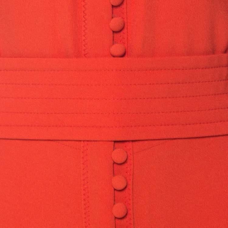 Pre Owned Sonia Rykiel Orange Crepe Button Front Power Shoulder Belted Dress L