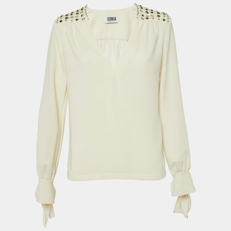 مملوكة مسبقًا Sonia by Sonia Rykiel Cream Crepe Embellished V-Neck Top M