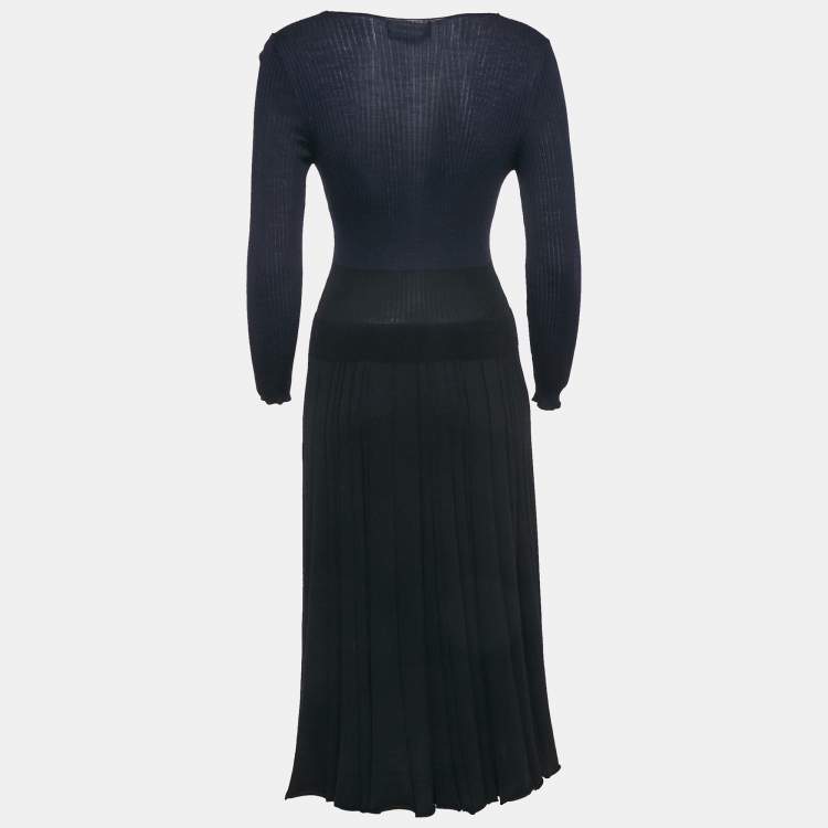 Pre Owned Sonia Rykiel Navy Blue/Black Rib Knit V-Neck Midi Dress M