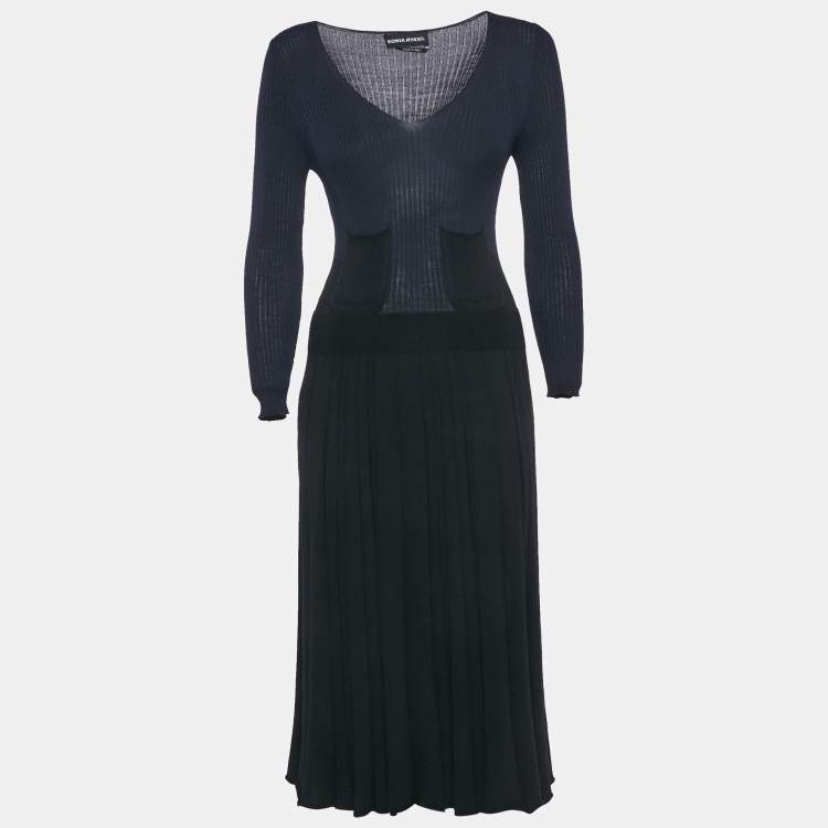 Pre Owned Sonia Rykiel Navy Blue/Black Rib Knit V-Neck Midi Dress M